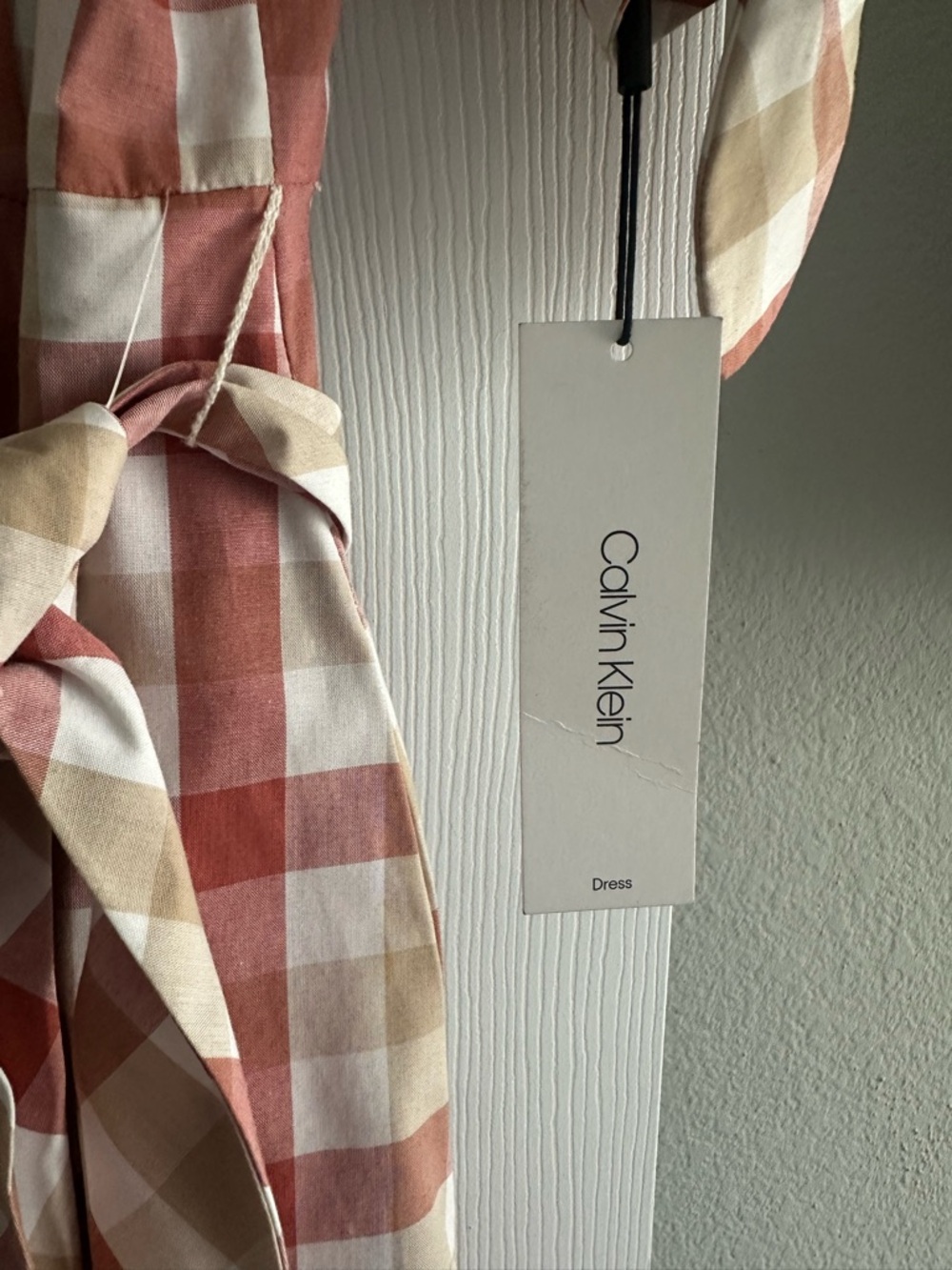 Calvin Klein Rust and Cream Plaid Midi Shirt Dress with Self Tie - Picture 3 of 4